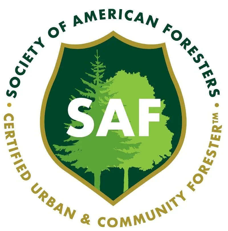 Logo of the Society of American Forests with a shield containing illustrated green trees and the letters SAF in the center for Certified Urban and Community Forester.