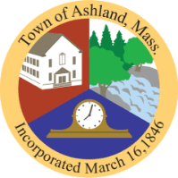 Seal of the Town of Ashland, Massachusetts, featuring a clock, a building, trees, water, and a mountain.