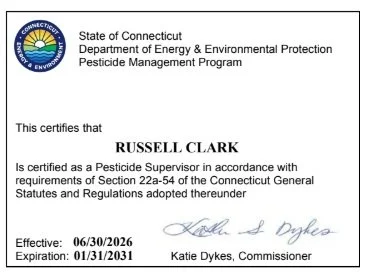 Certificate from the State of Connecticut Department of Energy & Environmental Protection Pesticide Management Program certifying Russell Clark as a Pesticide Supervisor, effective from June 30, 2026, to January 31, 2031, signed by Katie Dykes, Commissioner.