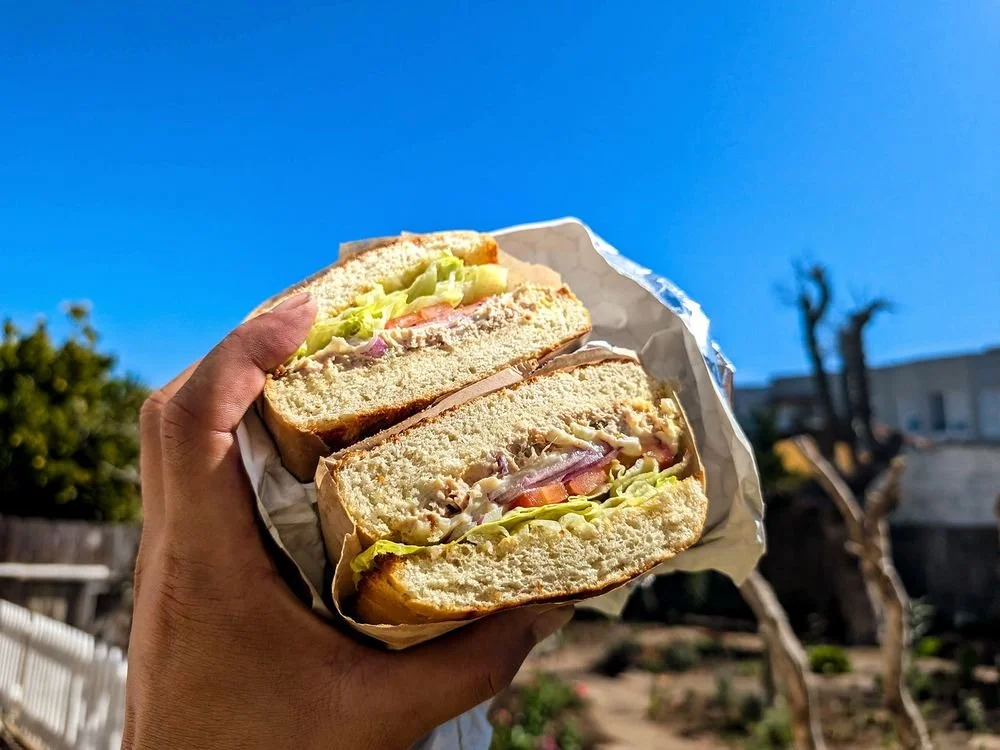 Hand holding a sandwich with lettuce, tomato, turkey, ham, and cheese outside on a sunny day.