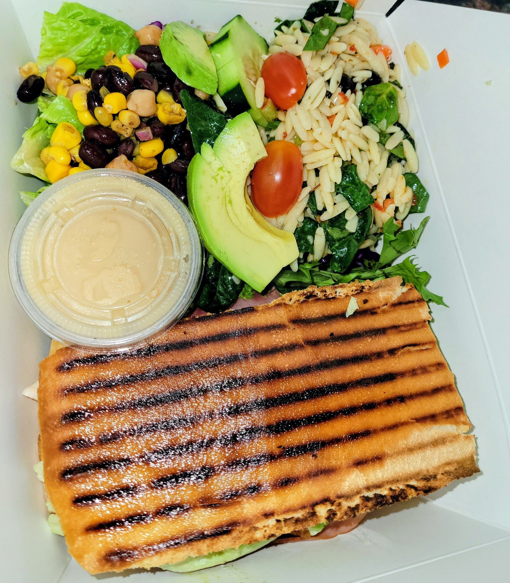 A box containing a grilled sandwich, fresh salad with cherry tomatoes, cucumber, avocado, mixed greens, pasta salad, and a small cup of dressing.