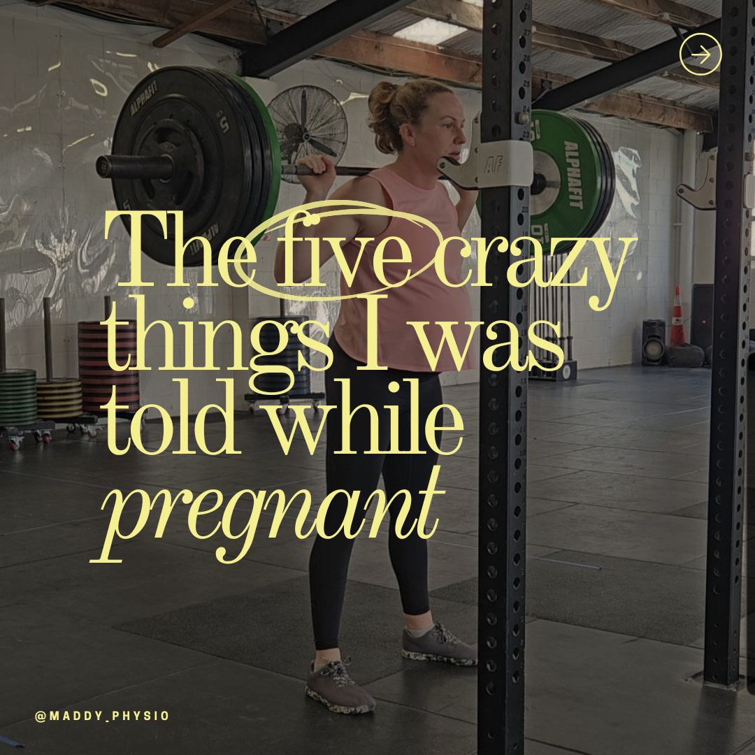 Woman lifting weights in a gym with a motivational quote overlay reading 'The five crazy things I was told while pregnant' by @MADDY.PHYISO.