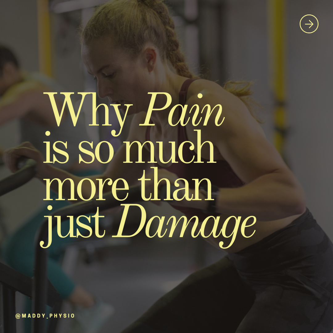 A woman with red hair working out at a gym, visibly straining, with the text overlay: 'Why Pain is so much more than just Damage' and a small Instagram handle '@MADDY.PHYSIO'.