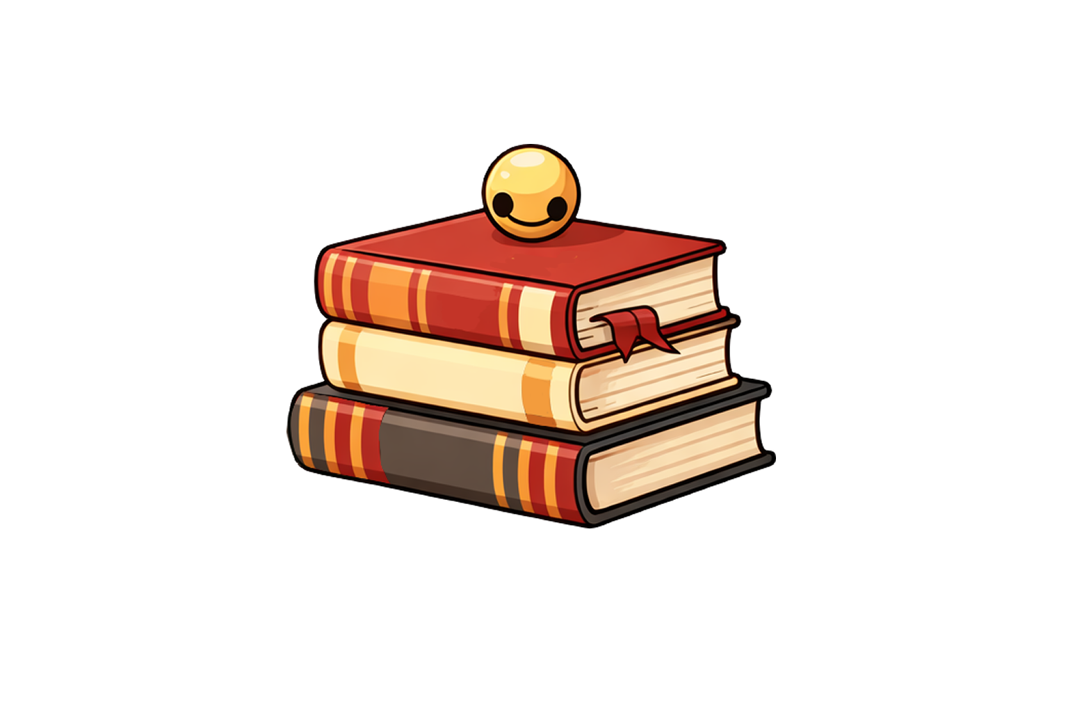 Cartoon image of a stack of three books with a smiley face on top.