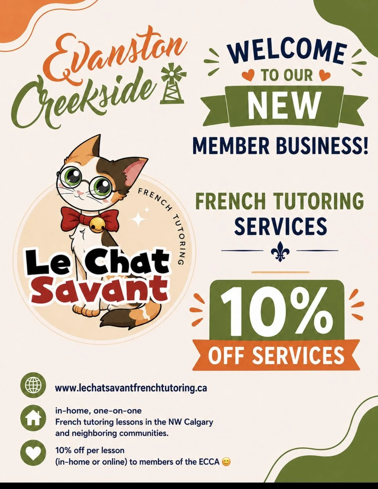 The flyer of the ECCA featuring Le Chat Savant French Tutoring