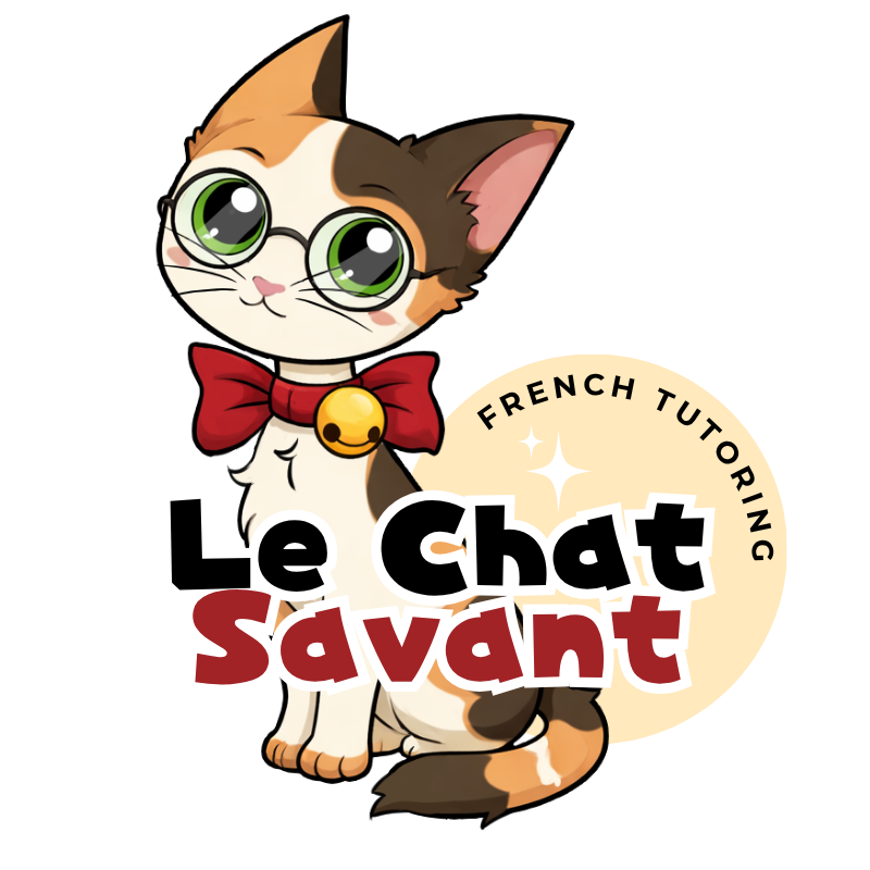 Logo of Le Chat Savant French Tutoring, featuring a cute cat with glasses
