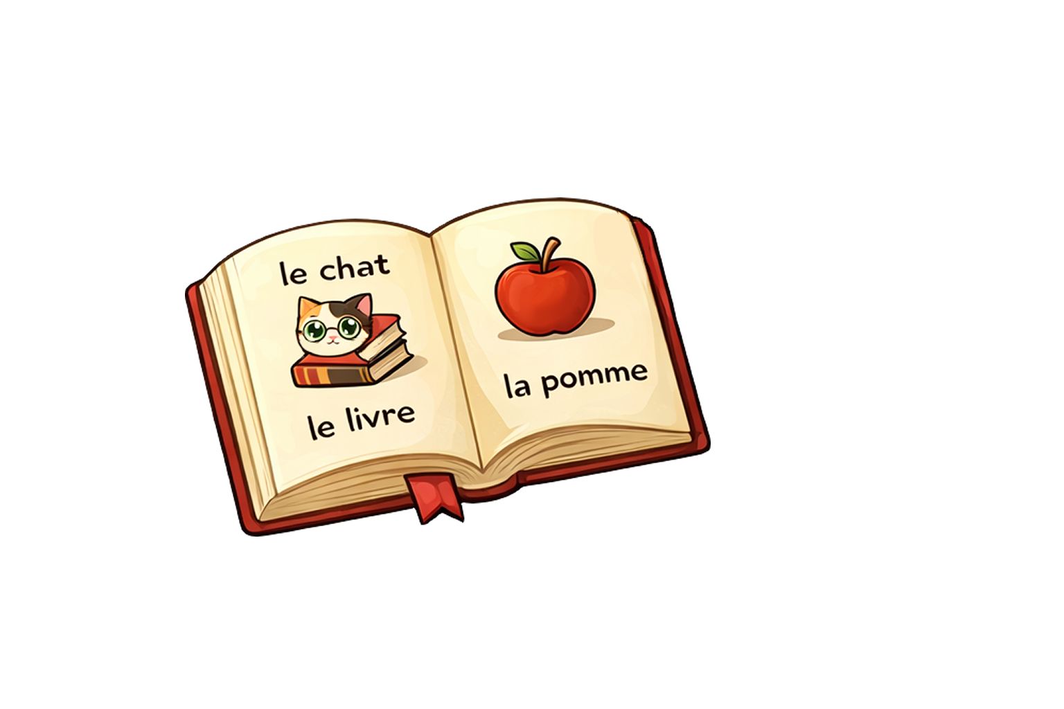 An open children's book with illustrations and French words. On the left page, a cat with glasses on a stack of books, labeled 'le chat' and 'le livre'. On the right page, a red apple labeled 'la pomme'.