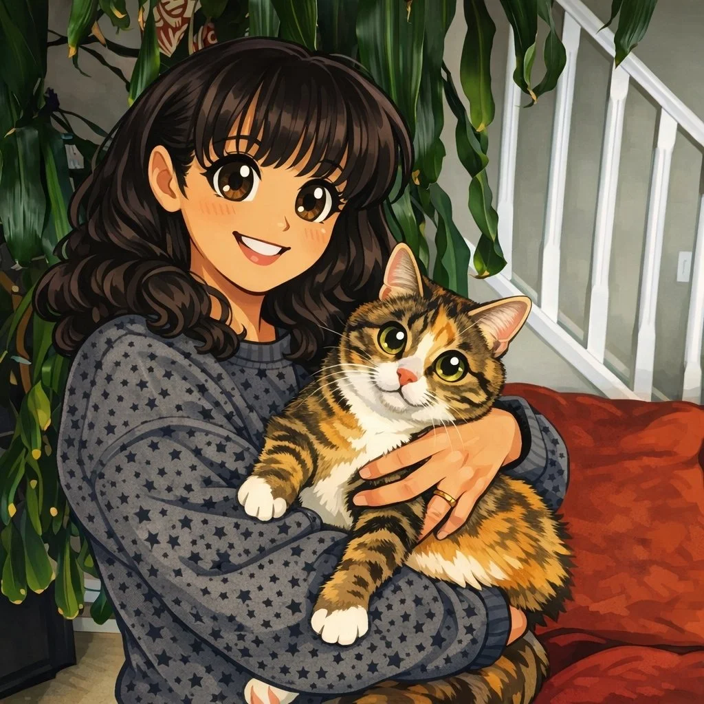 An AI rendition of Kathleen and Maze the mascot of Le Chat Savant French Tutoring