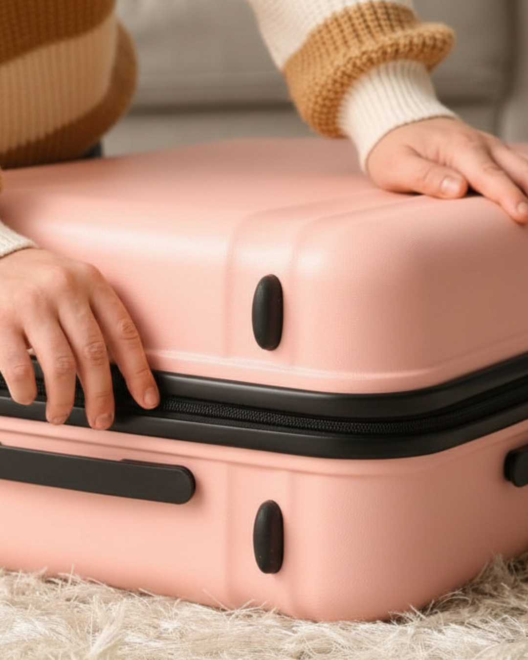 A woman's hands close a pink luggage case preparing for travel.