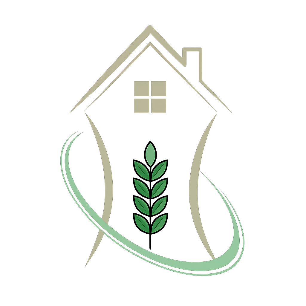 A stylized logo of a house with a green plant in front, surrounded by abstract design elements.