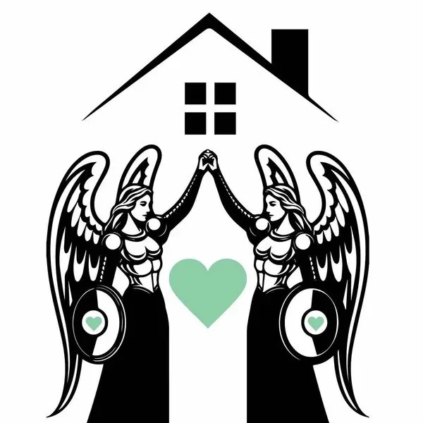 Two angelic women with wings and shields facing each other, touching hands, with a house in the background and two green hearts, one between them and one on each shield.