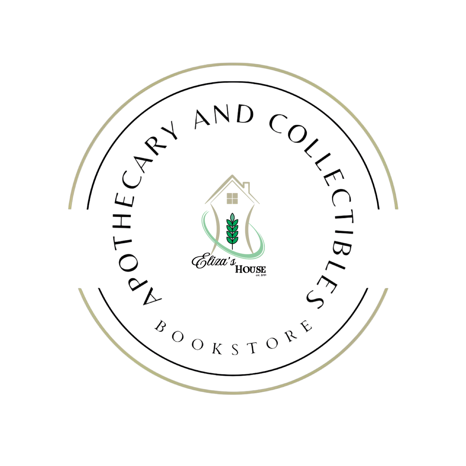 Logo for Eliza's House Bookstore with a central graphic of a house and a leaf, surrounded by the store name and the words 'Art, Craft, and Collectibles'.