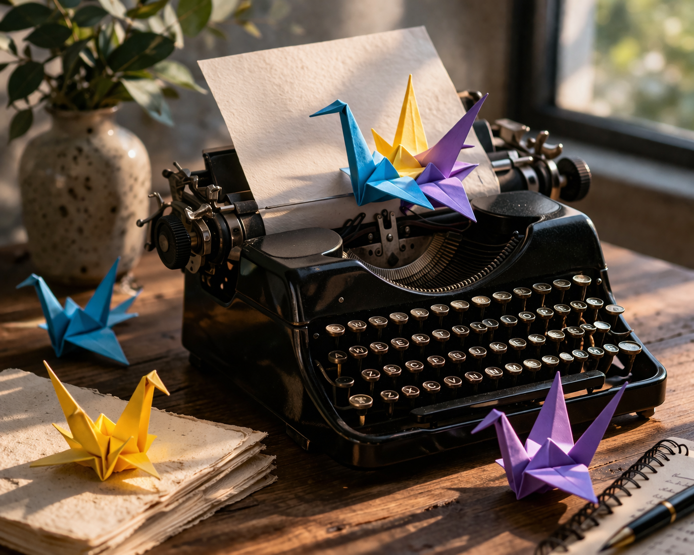Black typewriter with origami cranes