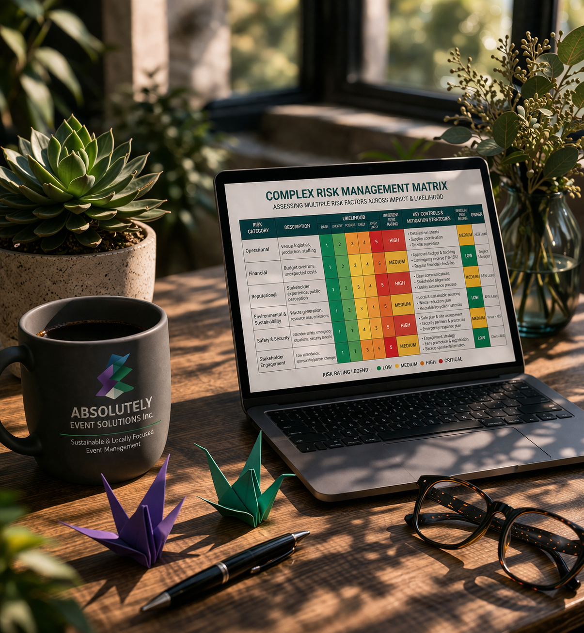 Bright Office space with laptop showing Risk Management Matrix