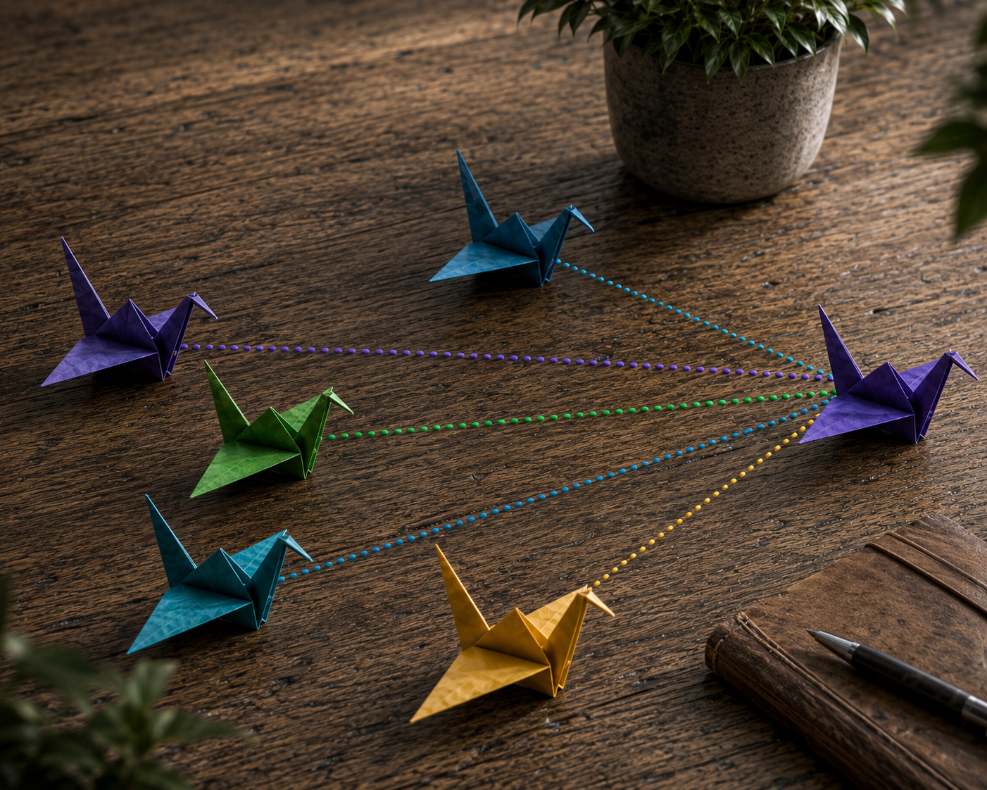Colorful origami cranes on a wooden table connected by dotted lines with a potted plant and a notebook nearby.