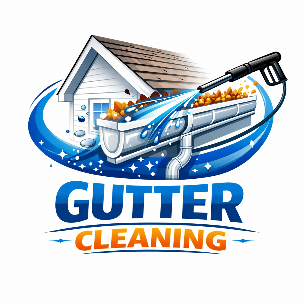 An illustration of a house with a gutters cleaning tool spraying water and debris from the gutter, with the words 'Gutter Cleaning' below.