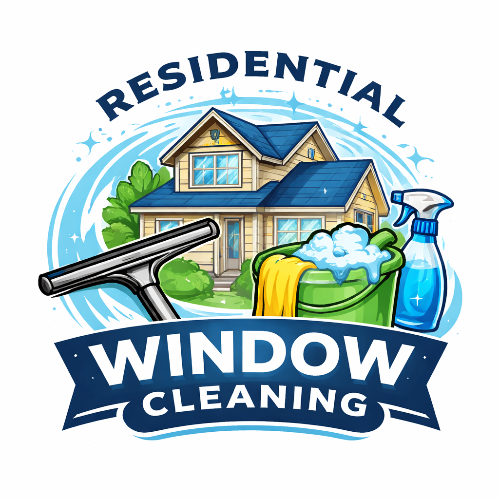 Residential window cleaning logo featuring a house, a squeegee, a bucket with soap, a spray bottle, and the text 'Residential Window Cleaning'.