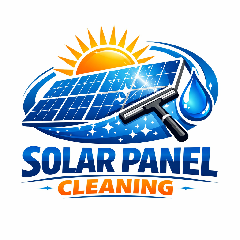A solar panel being cleaned by a squeegee, with a bright sun in the background and a water droplet behind the panel, accompanied by the text 'Solar Panel Cleaning'.