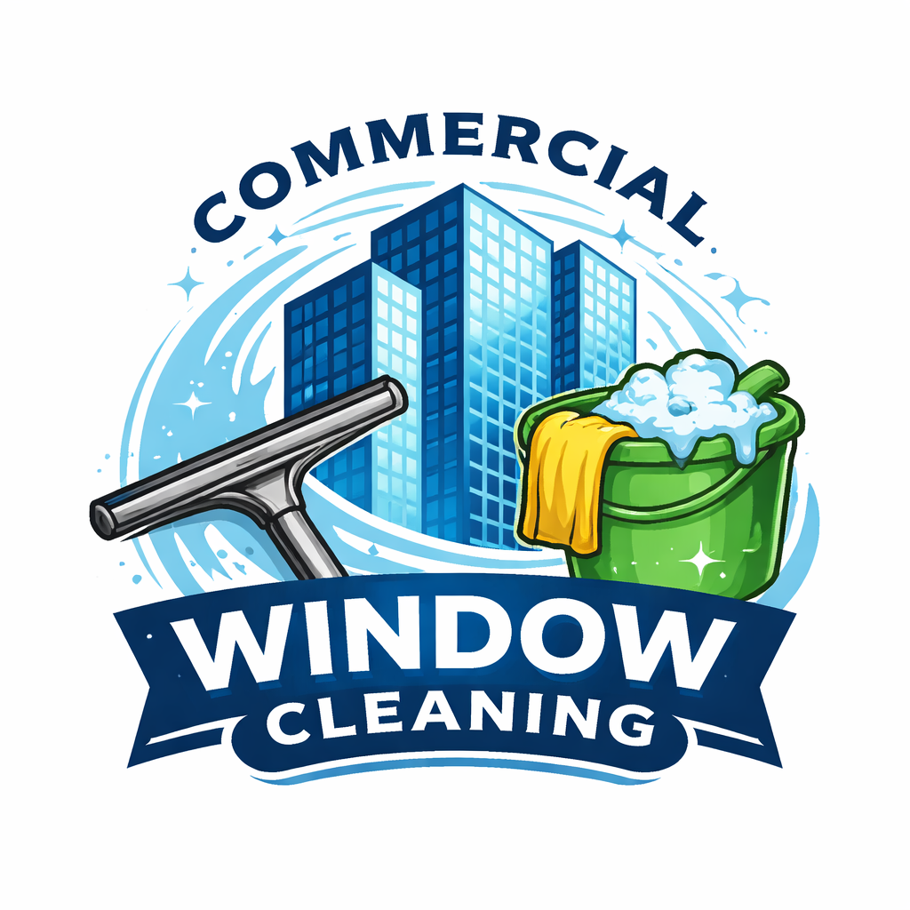 Logo for commercial window cleaning featuring a squeegee, a building, and a bucket of soapy water with a yellow cloth.