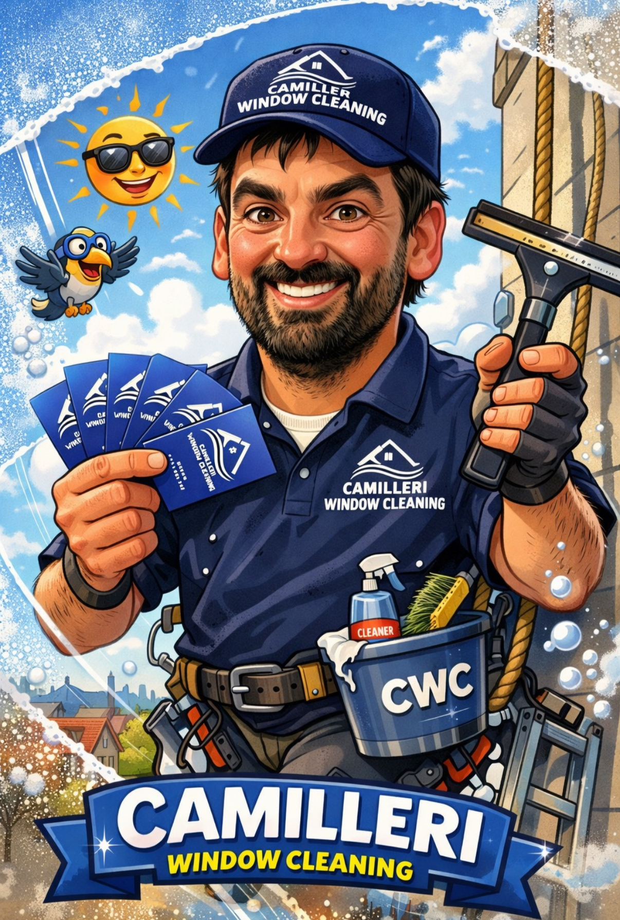 Cartoon image of a smiling window cleaner in uniform with Camilleri Window Cleaning logo, holding multiple service cards and a cleaning razor, with cleaning supplies in his tool belt, a sunny blue sky, and cartoon sun and bird in the background.