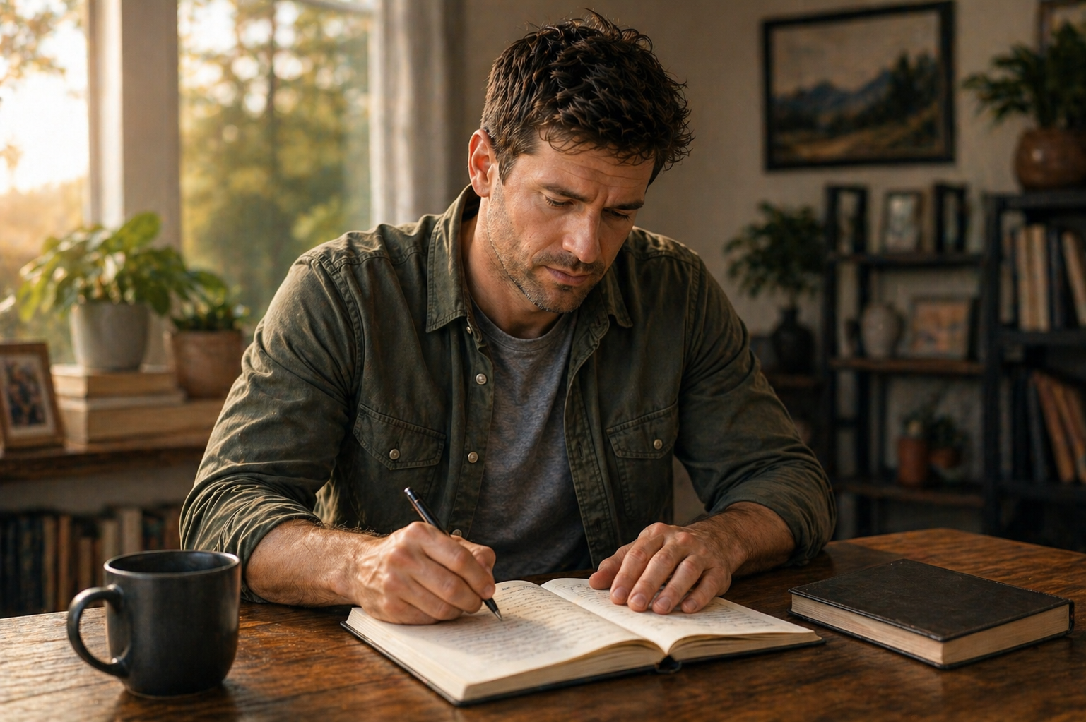 A man with dark hair and a beard, wearing a green button-up shirt over a gray T-shirt, is sitting at a wooden table writing in an open journal with a black pen. There is a black mug and a closed journal on the table. The background shows a room with bookshelves, framed pictures, plants, and a window with sunlight coming through.