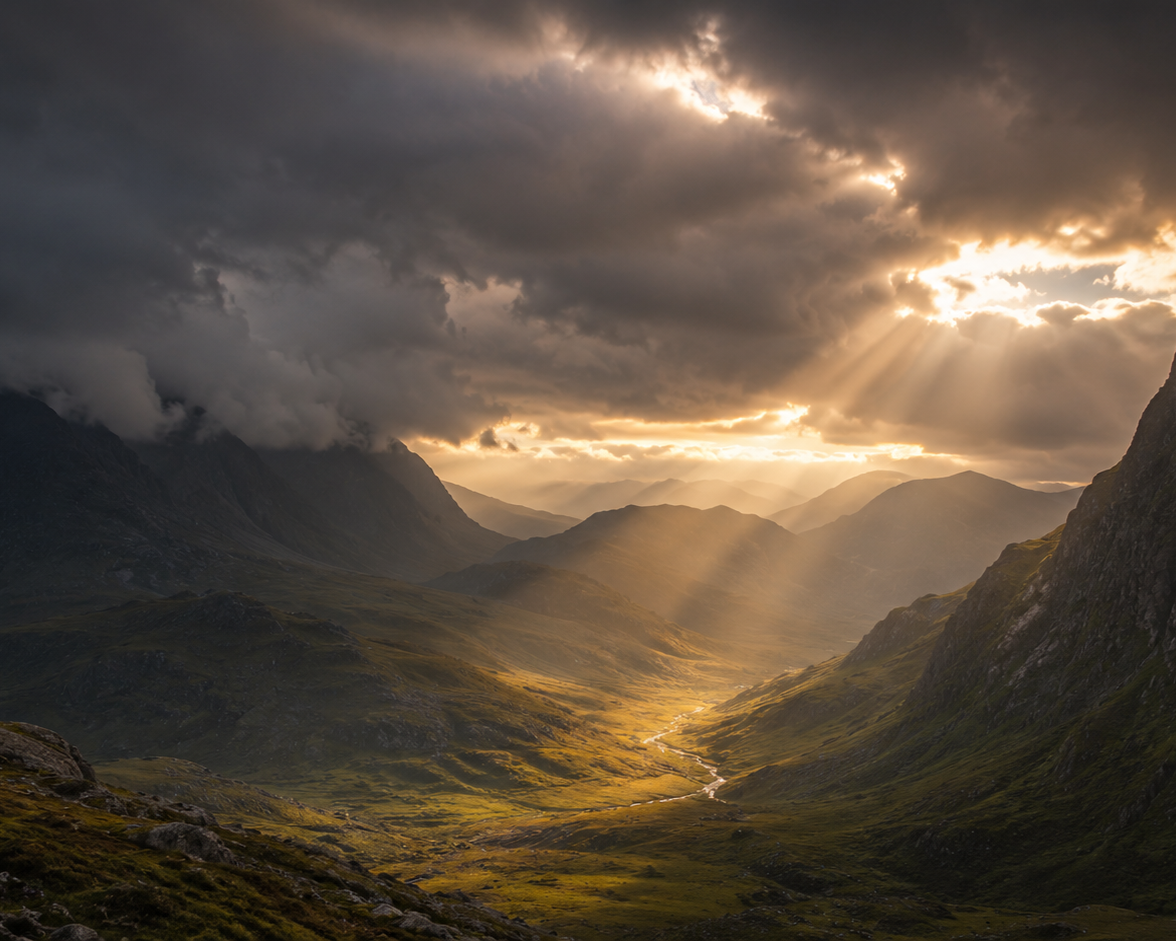 Sun rays piercing through dark storm clouds over a mountainous valley with green landscape and a small river.