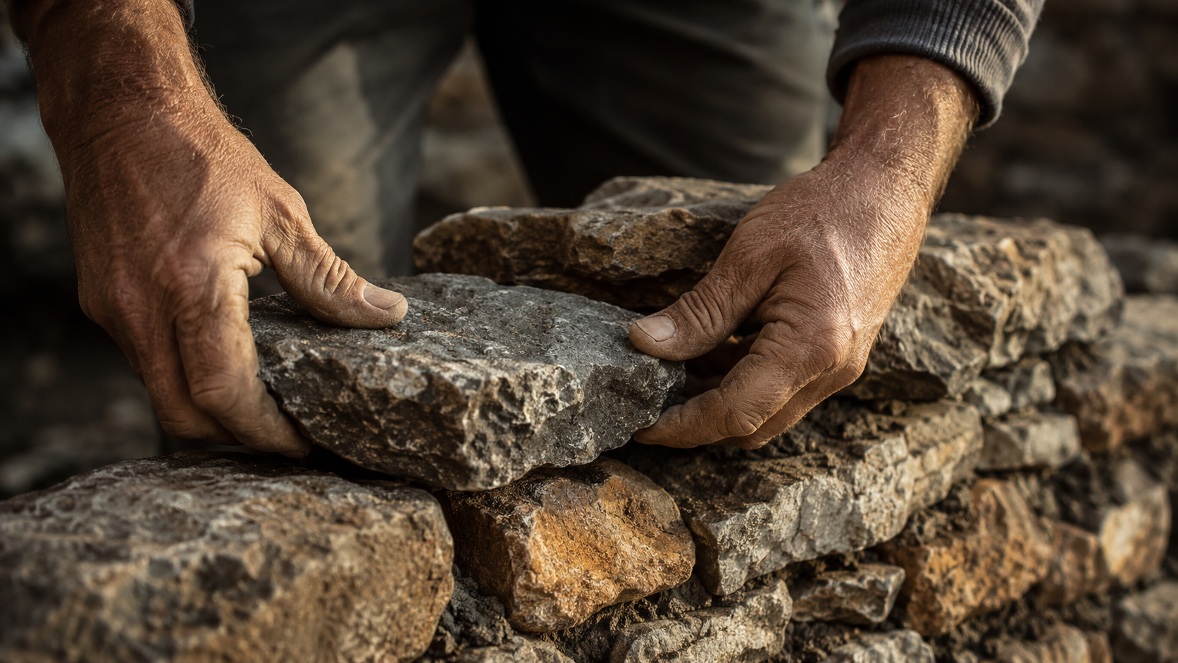 Close-up of a person's hands stacking rectangular stones to build a stone wall, with a focus on their weathered hands and the rough texture of the stones.