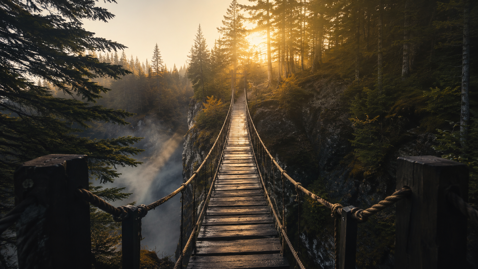 A narrow wooden suspension bridge stretching across a deep gorge in a forest, with sunlight filtering through tall trees during sunrise or sunset.