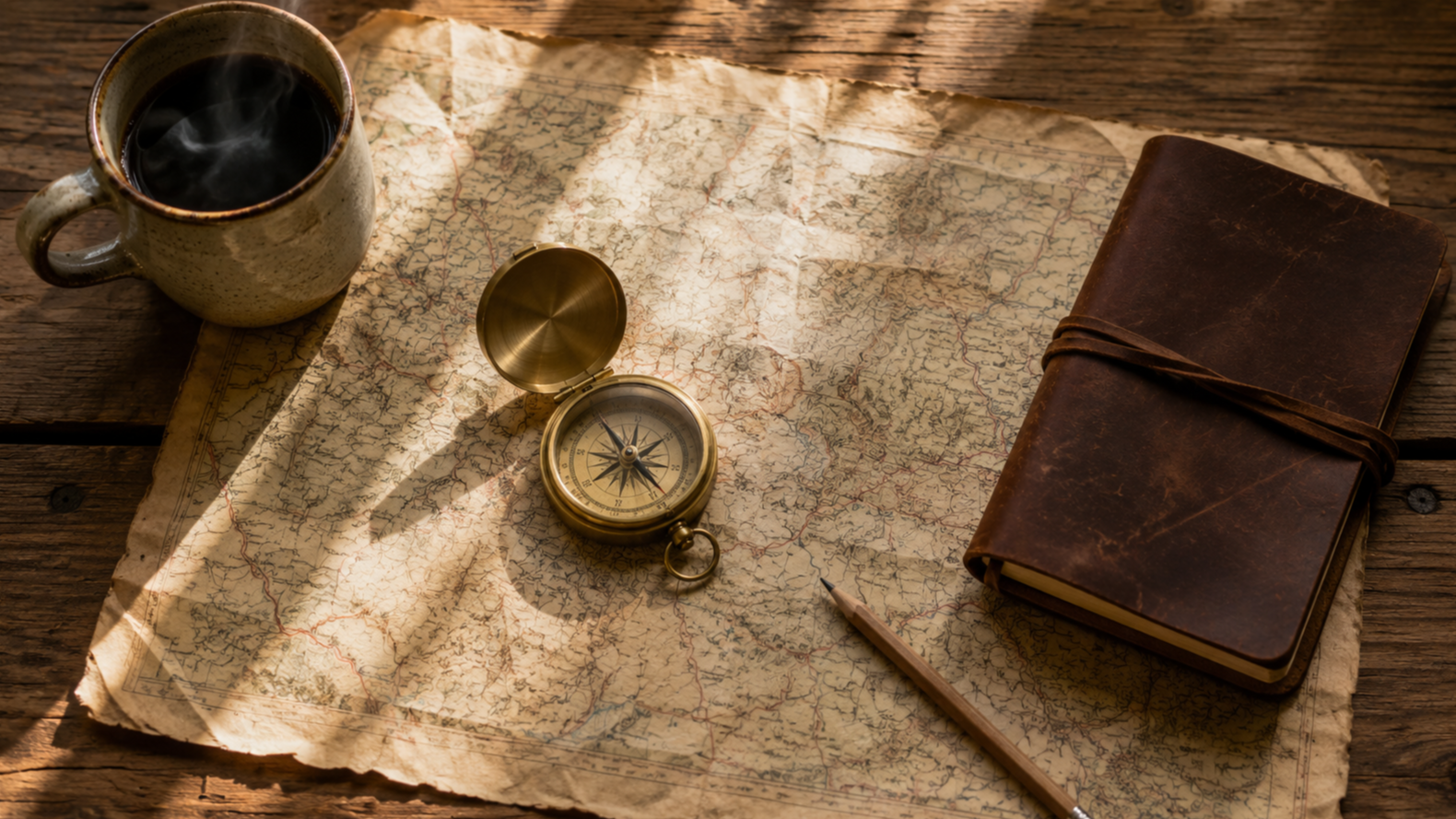 An aged map spread on a wooden table with a coffee mug, a compass, a leather-bound journal, and a pencil.