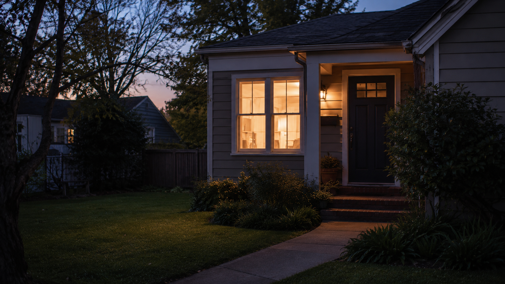 A cozy house at dusk with warm interior lights visible through the window, surrounded by a well-maintained lawn and bushes.