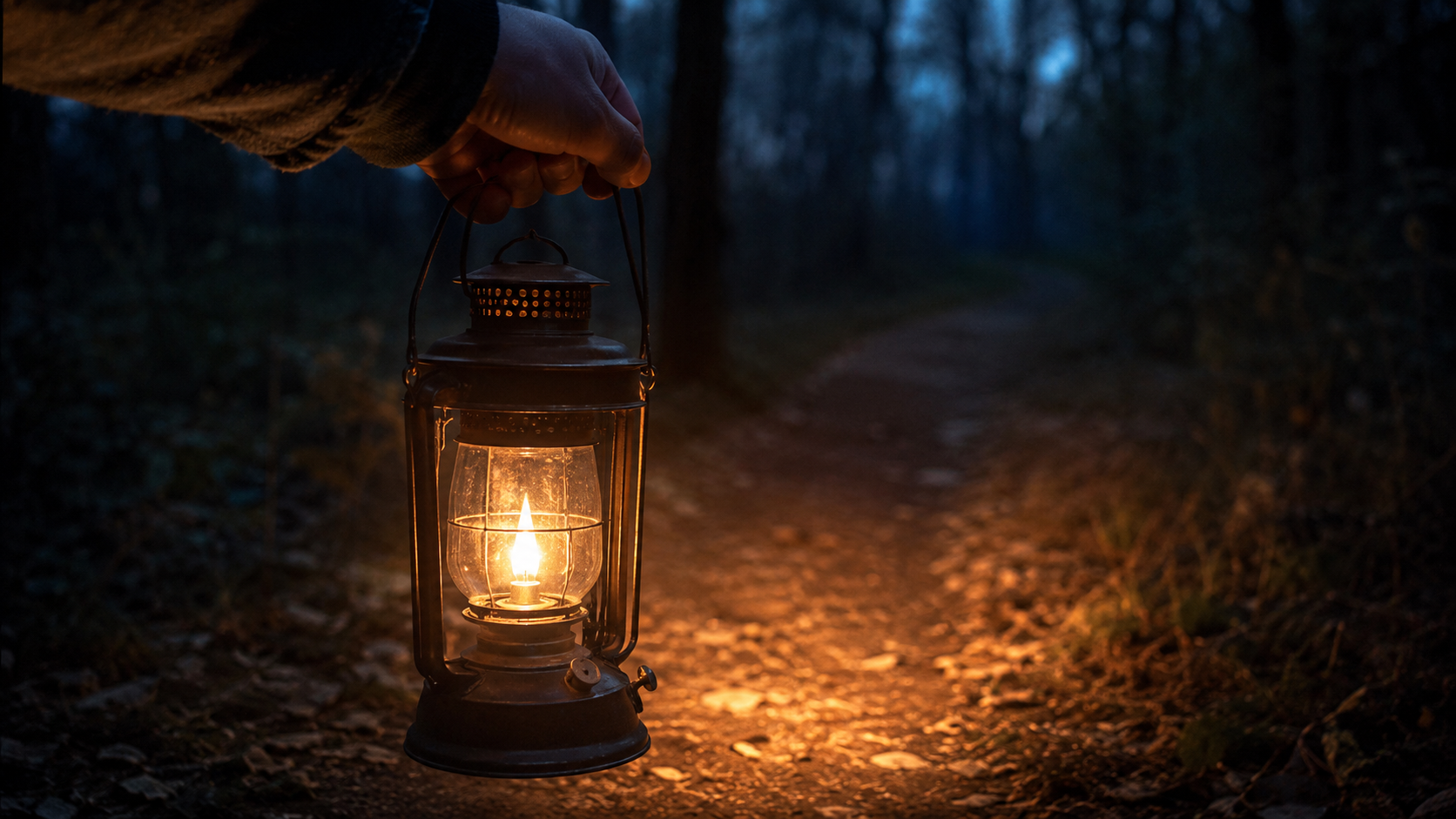 A person holding an old-fashioned lantern as they walk on a dark forest trail at dusk or early evening as they contemplate rising from difficult times.