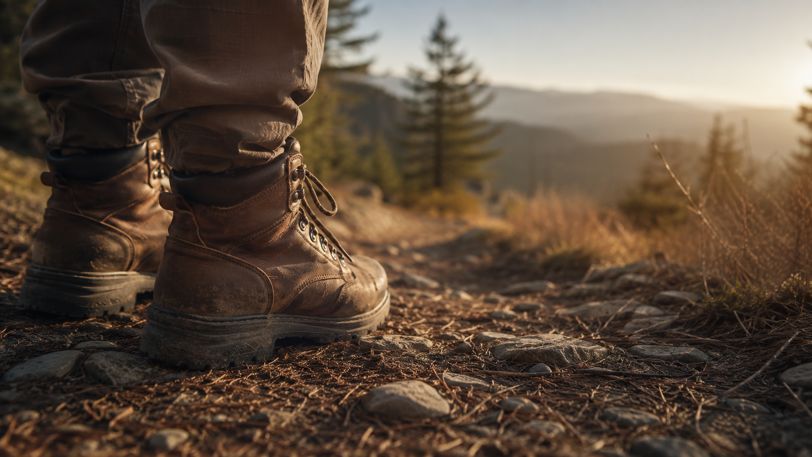 Close-up of rugged brown hiking boots on a dirt trail in a forested mountainous area at sunset, with trees and distant mountains in the background as though looking toward better decisions.