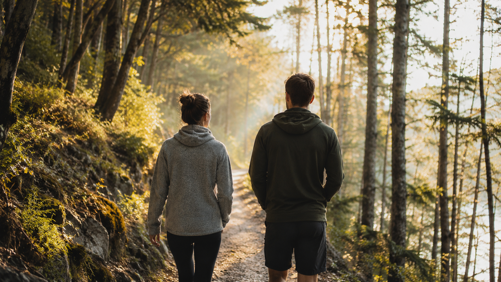 A man and woman walking on a trail through a forest with sunlight filtering through trees.