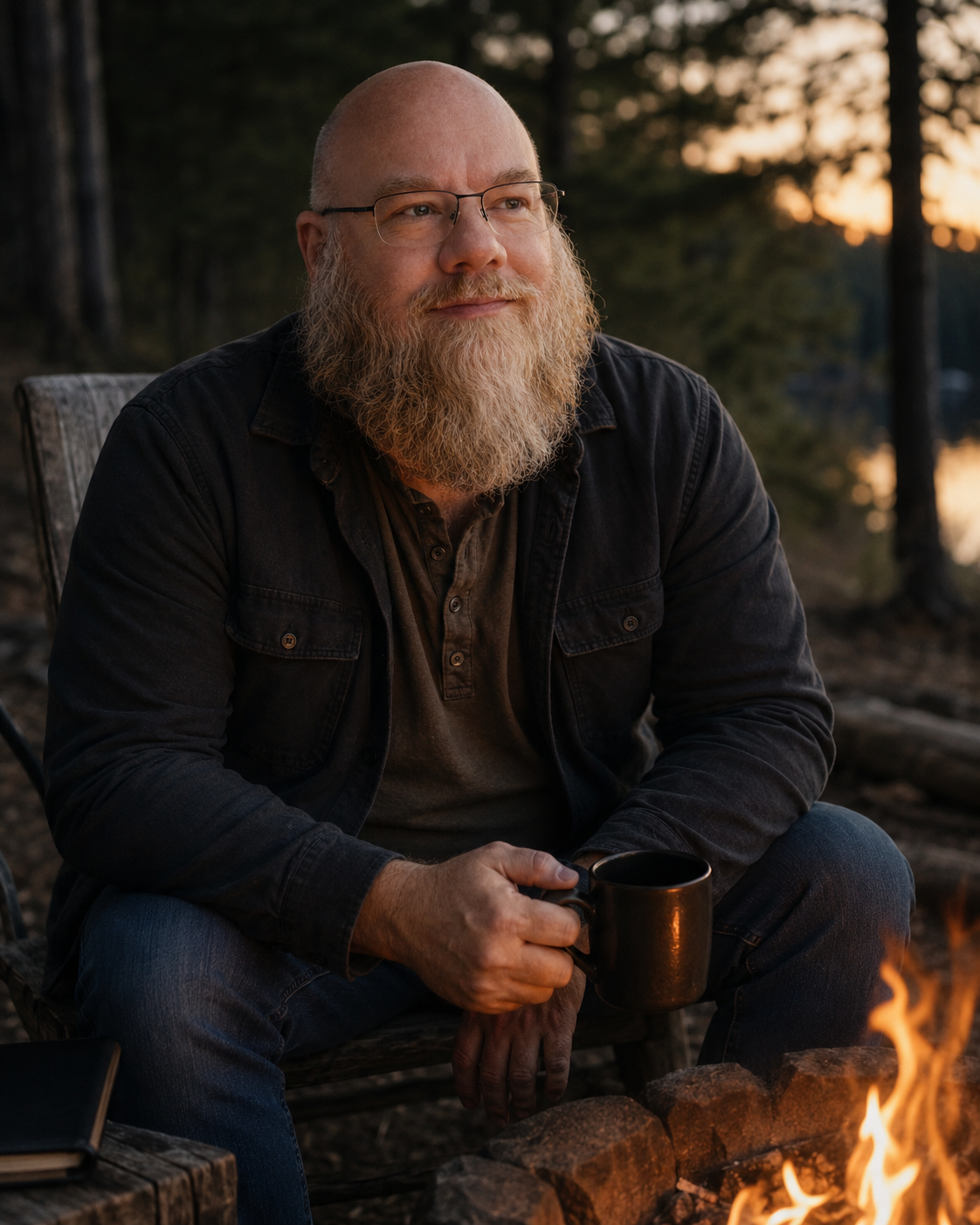 Roger Higgenbotham sitting outdoors at a campfire, holding a black mug, during sunset surrounded by trees.