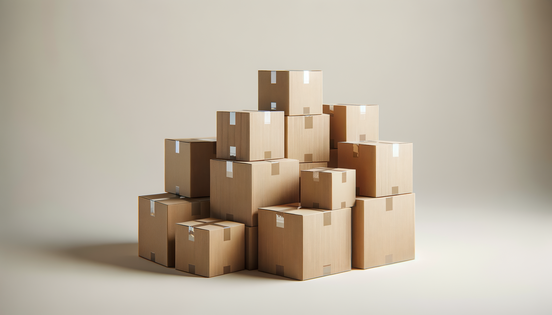 Stack of cardboard boxes against a plain, neutral background.