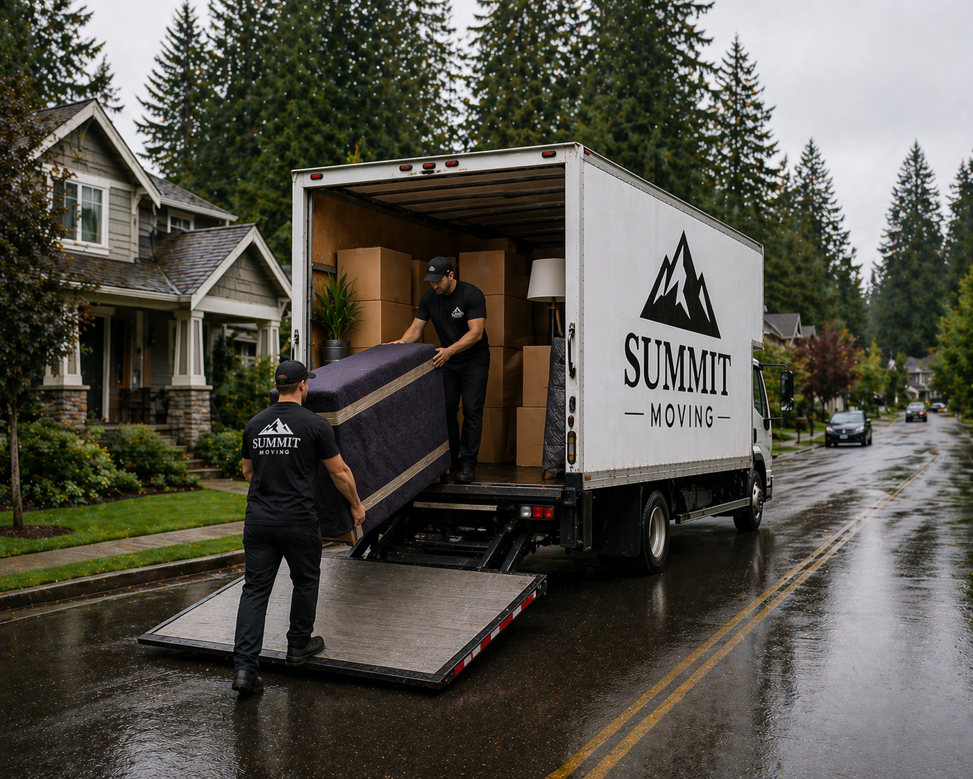Two movers loading furniture and boxes into a moving truck labeled 'Summit Moving' on a rainy residential street, with houses and trees in the background.