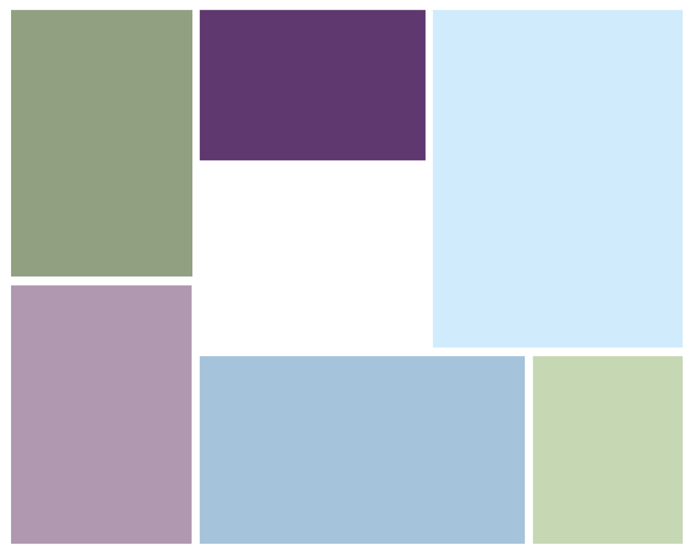 Six reserved wedding colors: sage, plum, pale blue, mauve, dusty blue, and soft green