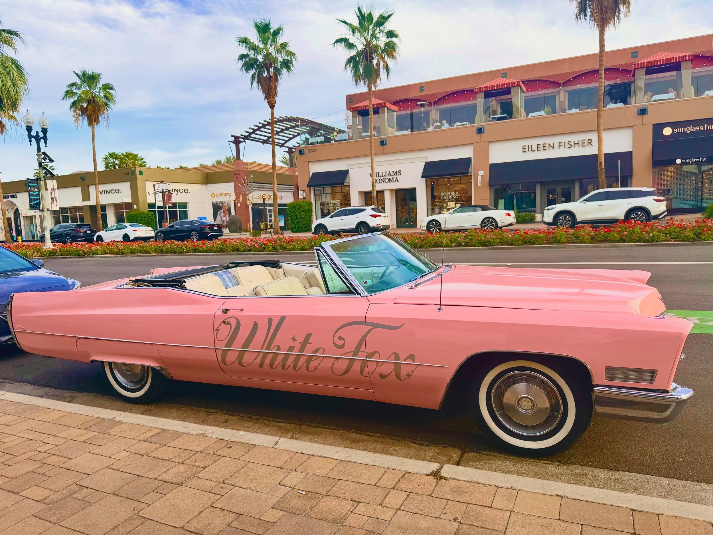 A pink vintage convertible car with the words 'White Fox' written on the side, parked on a paved street in front of a shopping area with stores and palm trees.