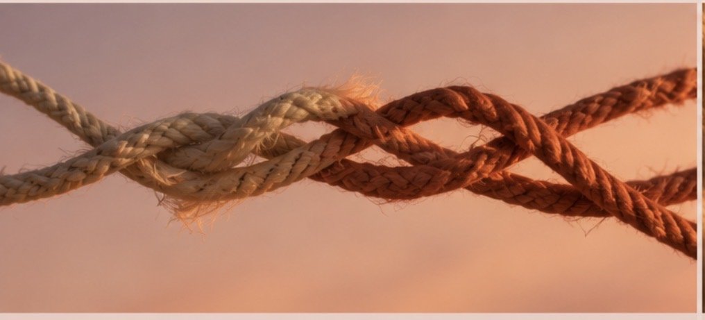 Two thick ropes, one beige and one brown, intertwined against a soft pink sky at sunset.