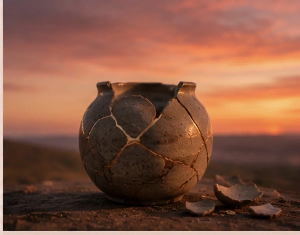 Broken ceramic vessel on a wooden surface against a sunset sky.