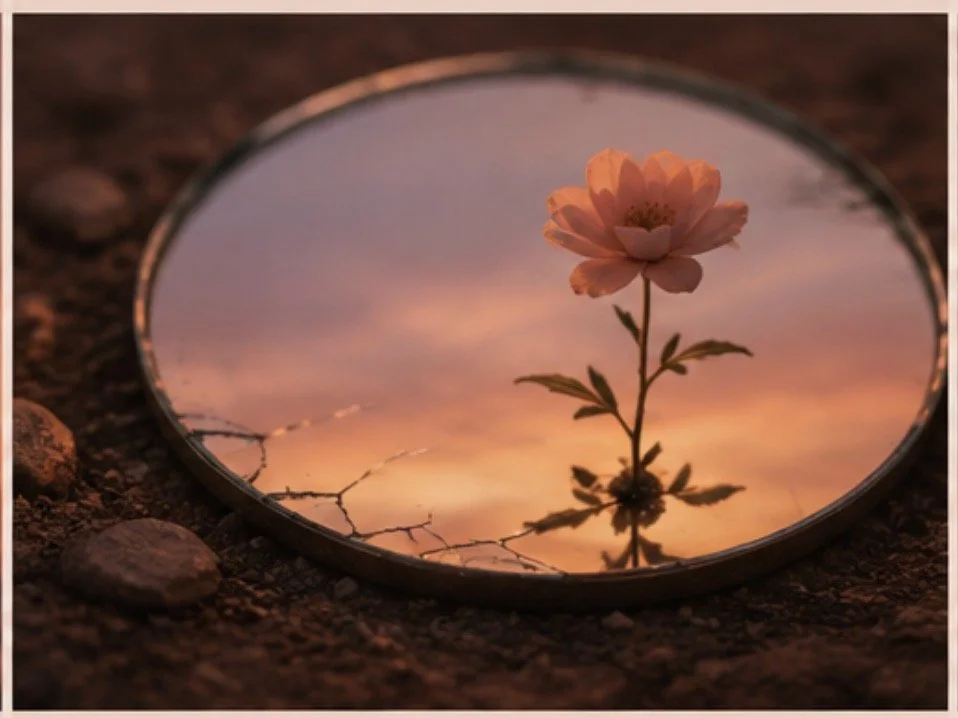 A circular mirror on the ground reflects a pink flower and a colorful sunset sky with pink and purple hues.