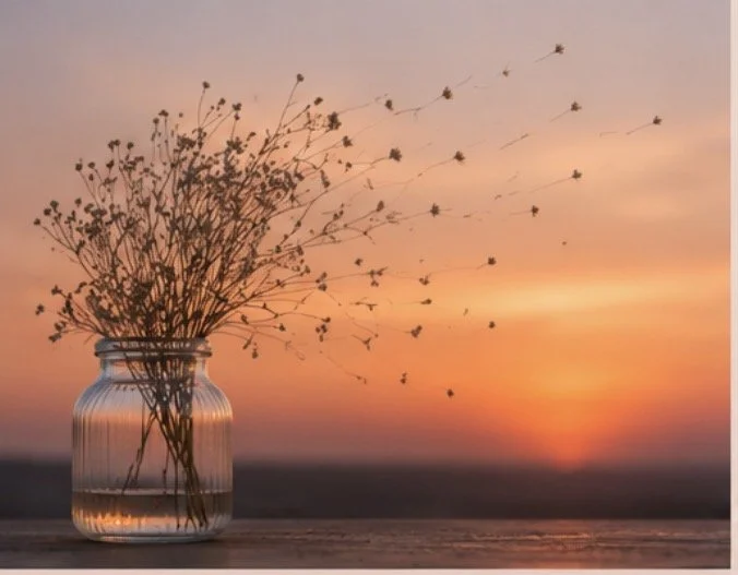 A glass jar with dry flowers inside, set against a sunset sky with warm colors