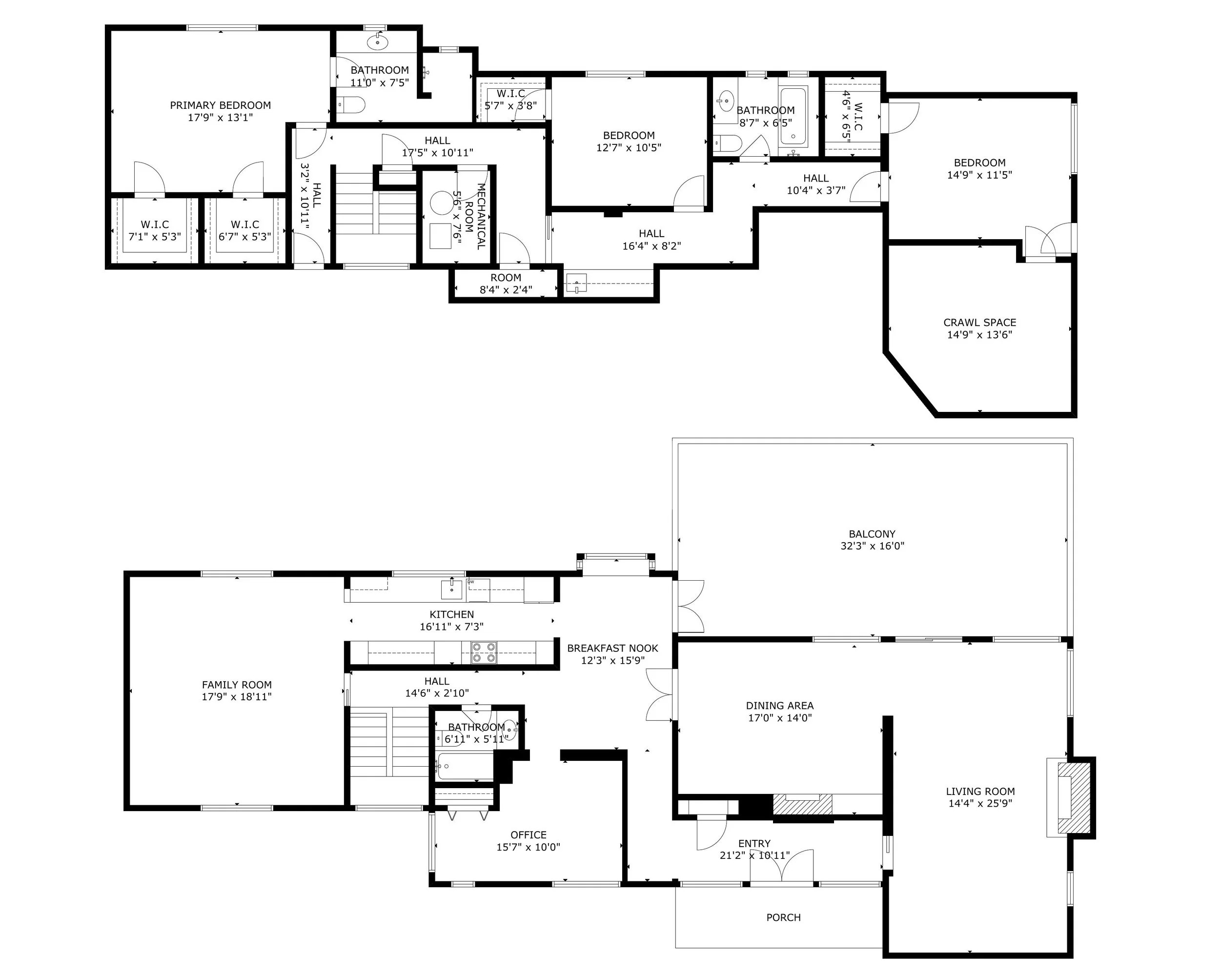 Floor plan of a two-story house. The upper floor includes bedrooms, bathrooms, walk-in closets, and hallways. The lower floor features a family room, kitchen, breakfast nook, office, bathroom, dining area, living room, entry porch, and balcony.