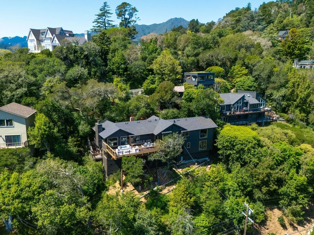 Multiple houses on a hillside surrounded by lush green trees, with some houses having decks and large windows, set against a backdrop of distant mountains and a clear blue sky.