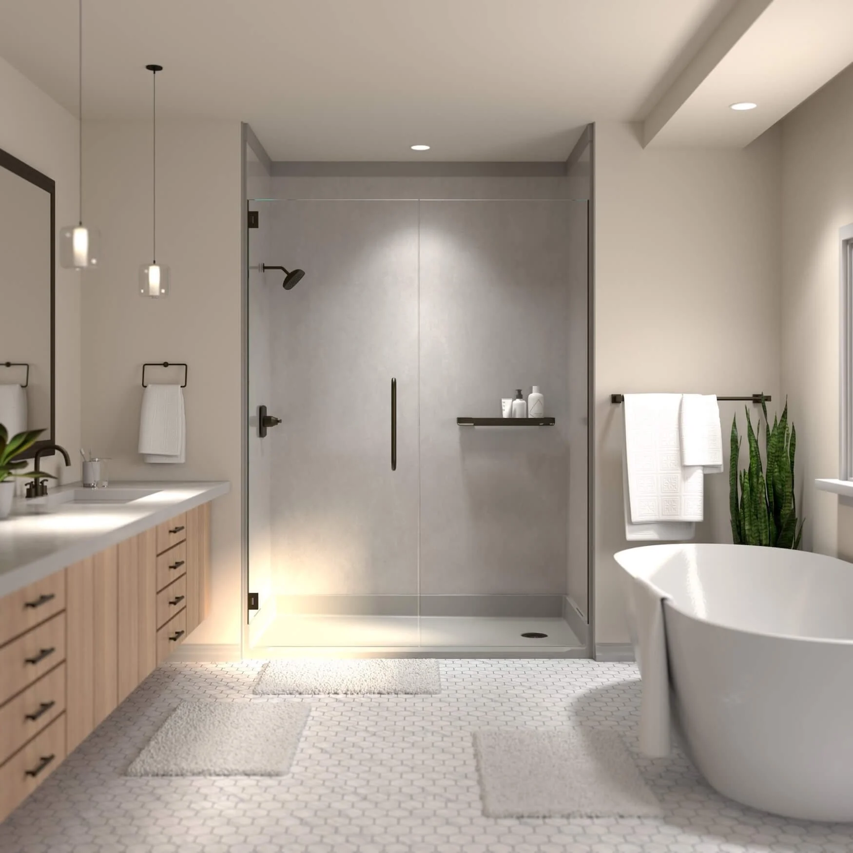 Modern bathroom with glass shower enclosure, white vanity with wood drawers, white bathtub, black fixtures, and white hexagon floor tiles. Green plants and towels add decor.