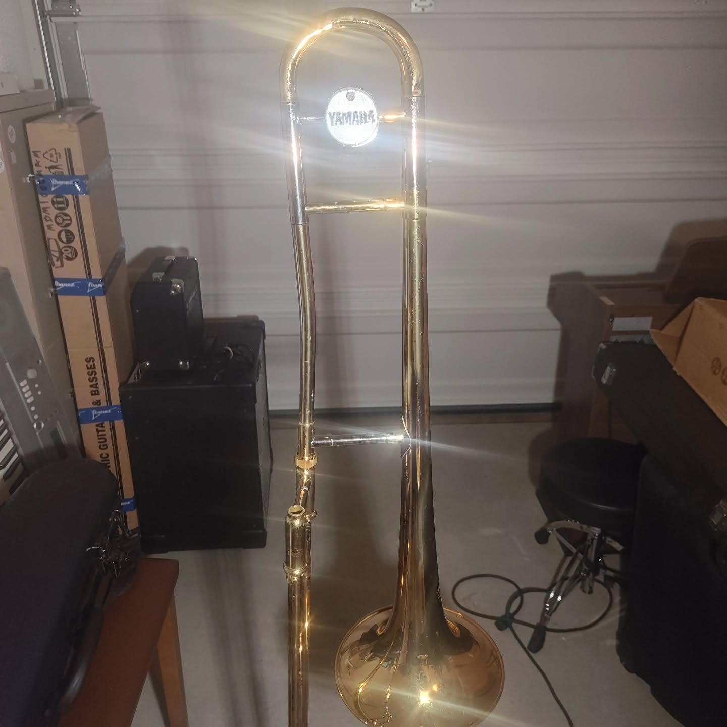 We had to post this! As we were getting pictures to get this trombone online, there was no angle we could take to where it wouldn't shine like this! Just got it chemical cleaned and ready to go to a new home, I'm sure it'll shine for you too!

This a