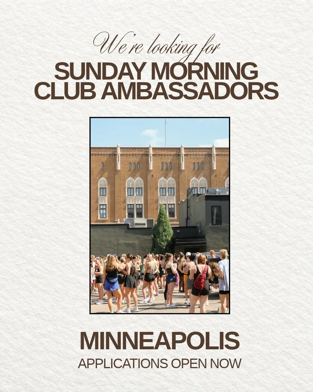 Not only are we expanding to other cities, but we&rsquo;re also growing our Minneapolis team. 💛

We&rsquo;re looking for two ambassadors to join the original Sunday Morning Club here in Minneapolis, helping us plan more walks and events for the comm