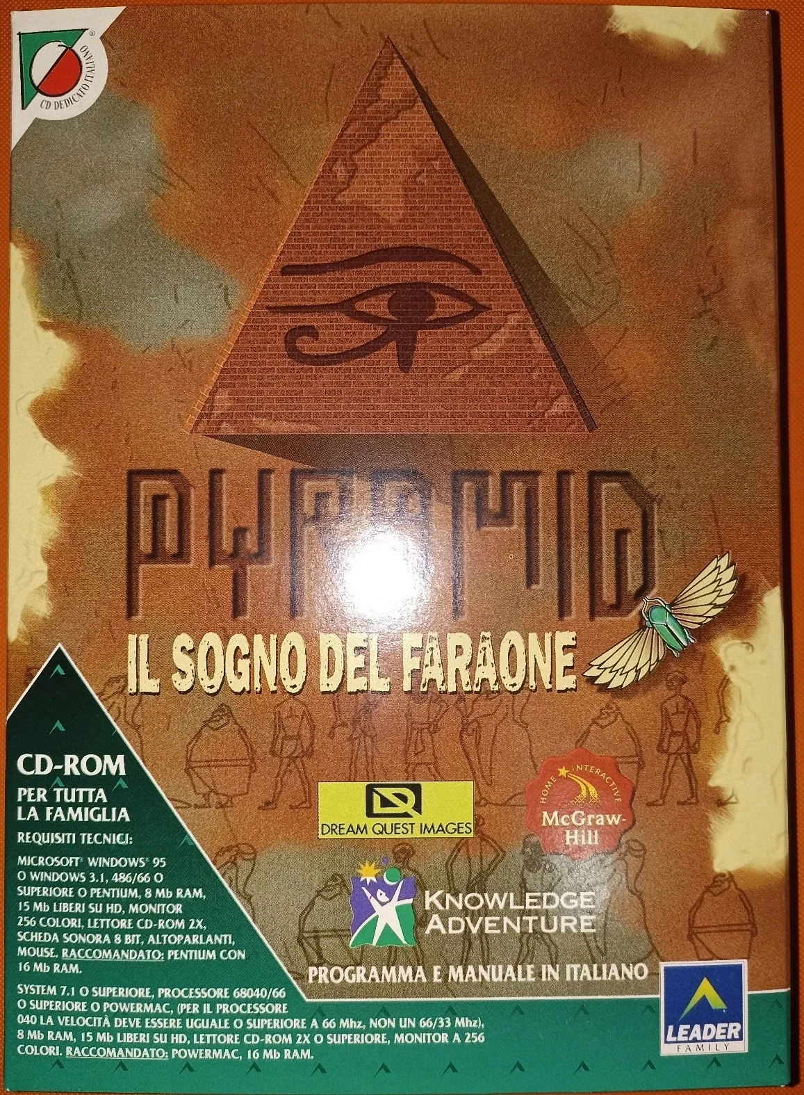 Copertina di un videogioco o software chiamato "Pharaoh: Il Sogno del Faraone" che presenta un'illustrazione di un occhio all'interno di una piramide, con vari loghi e dettagli tecnici in italiano.
