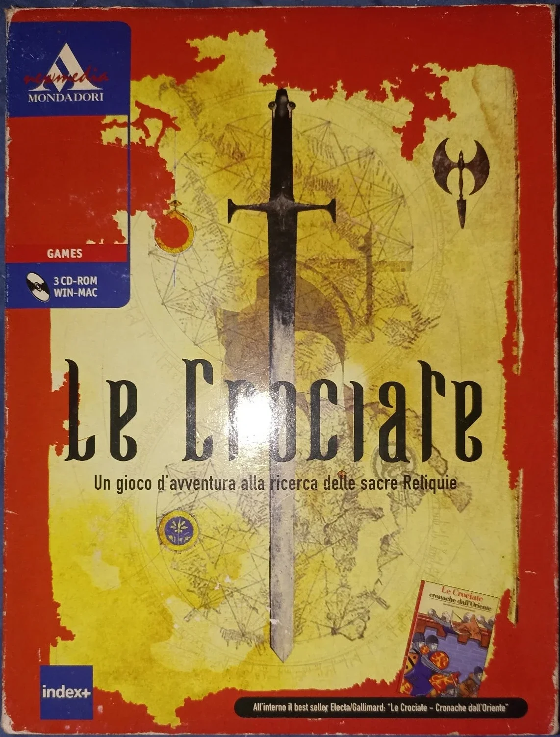 Copertina di un gioco da tavolo intitolato 'Le Crociate', con uno sfondo colorato con mappe antiche e un grande spadone al centro. Include loghi di Mondadori e Electa, e mostra informazioni sul contenuto del gioco e versioni compatibili.