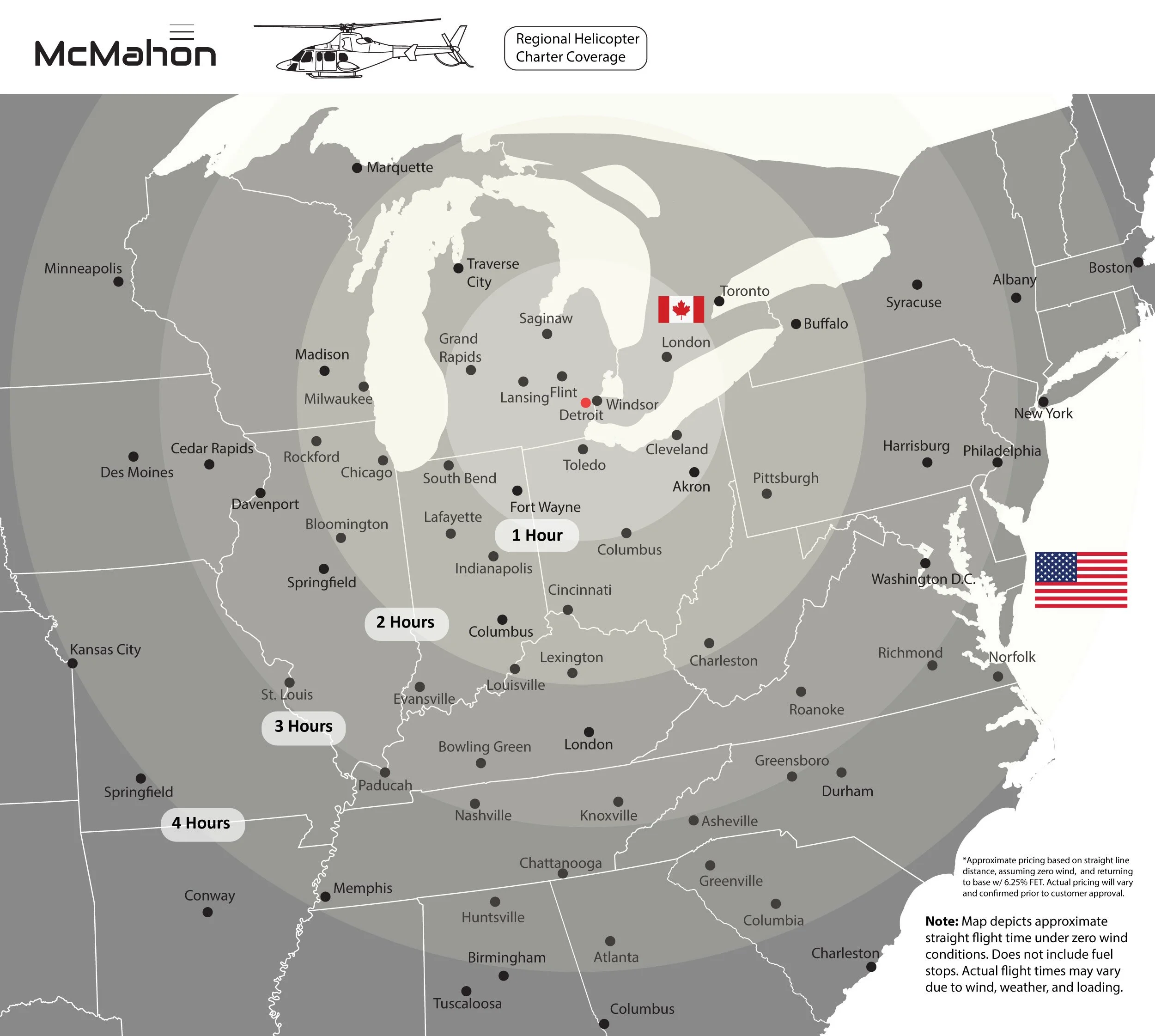 Map showing approximate flight times from Detroit to various cities across the United States, with concentric circles indicating 1, 2, 3, and 4-hour flight durations. The map includes a note about factors affecting actual flight times, such as wind and weather.